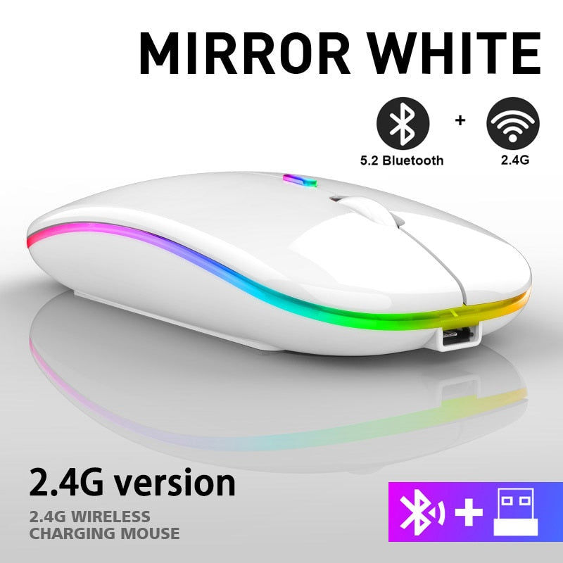 Mouse sem fio RGB recarregável Bluetooth sem fio para computador, LED retroiluminado e ergonômico para jogos