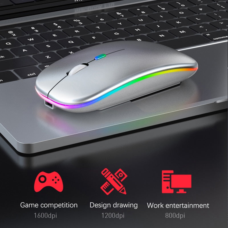 Mouse sem fio RGB recarregável Bluetooth sem fio para computador, LED retroiluminado e ergonômico para jogos