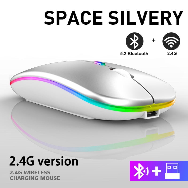 Mouse sem fio RGB recarregável Bluetooth sem fio para computador, LED retroiluminado e ergonômico para jogos