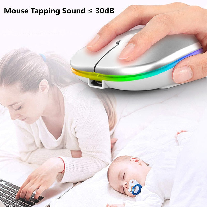 Mouse sem fio RGB recarregável Bluetooth sem fio para computador, LED retroiluminado e ergonômico para jogos