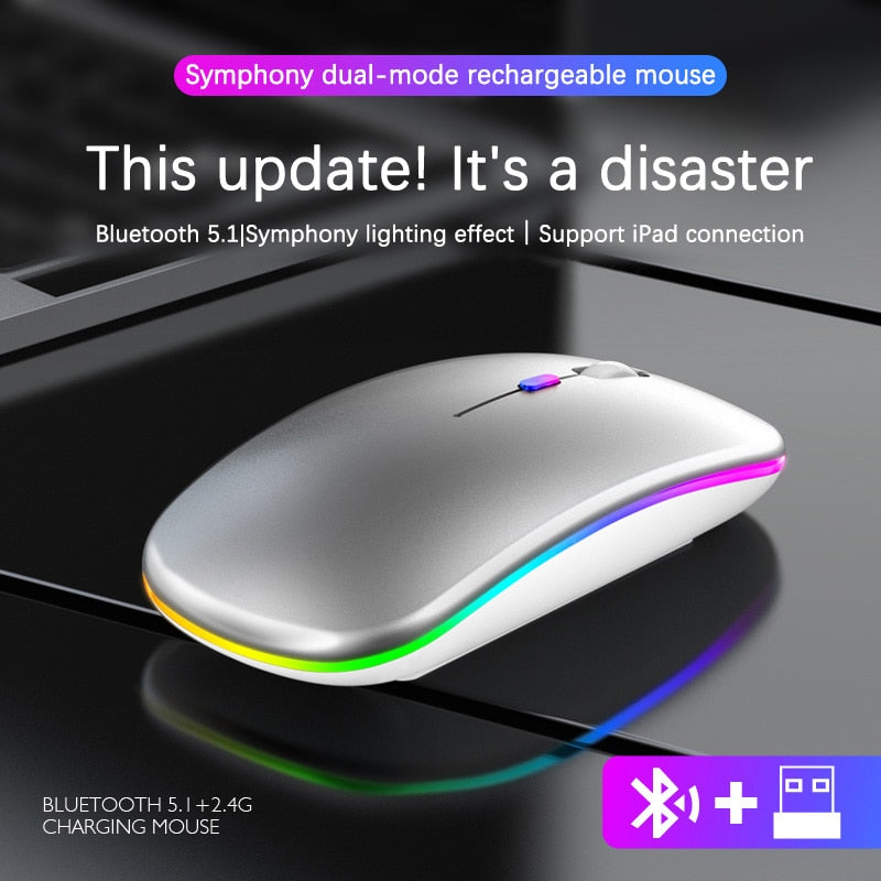 Mouse sem fio RGB recarregável Bluetooth sem fio para computador, LED retroiluminado e ergonômico para jogos