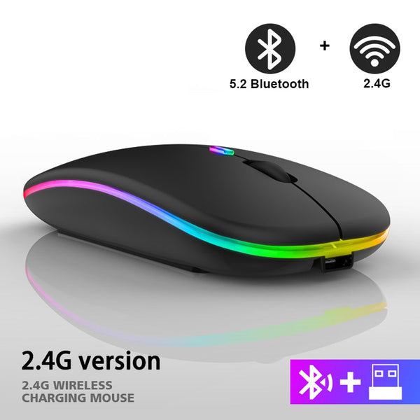 Mouse sem fio RGB recarregável Bluetooth sem fio para computador, LED retroiluminado e ergonômico para jogos