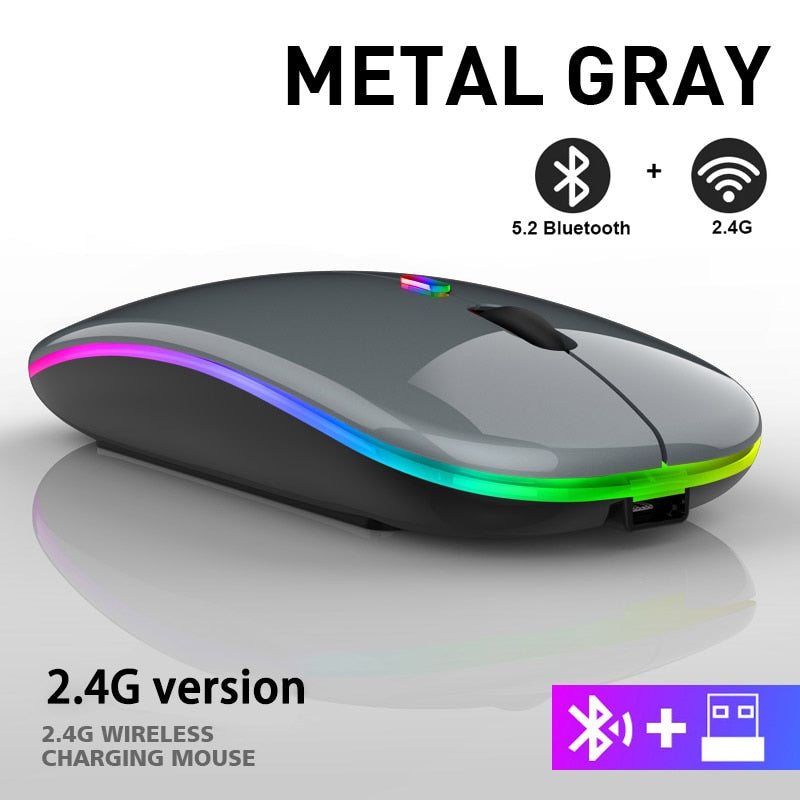 Mouse sem fio RGB recarregável Bluetooth sem fio para computador, LED retroiluminado e ergonômico para jogos